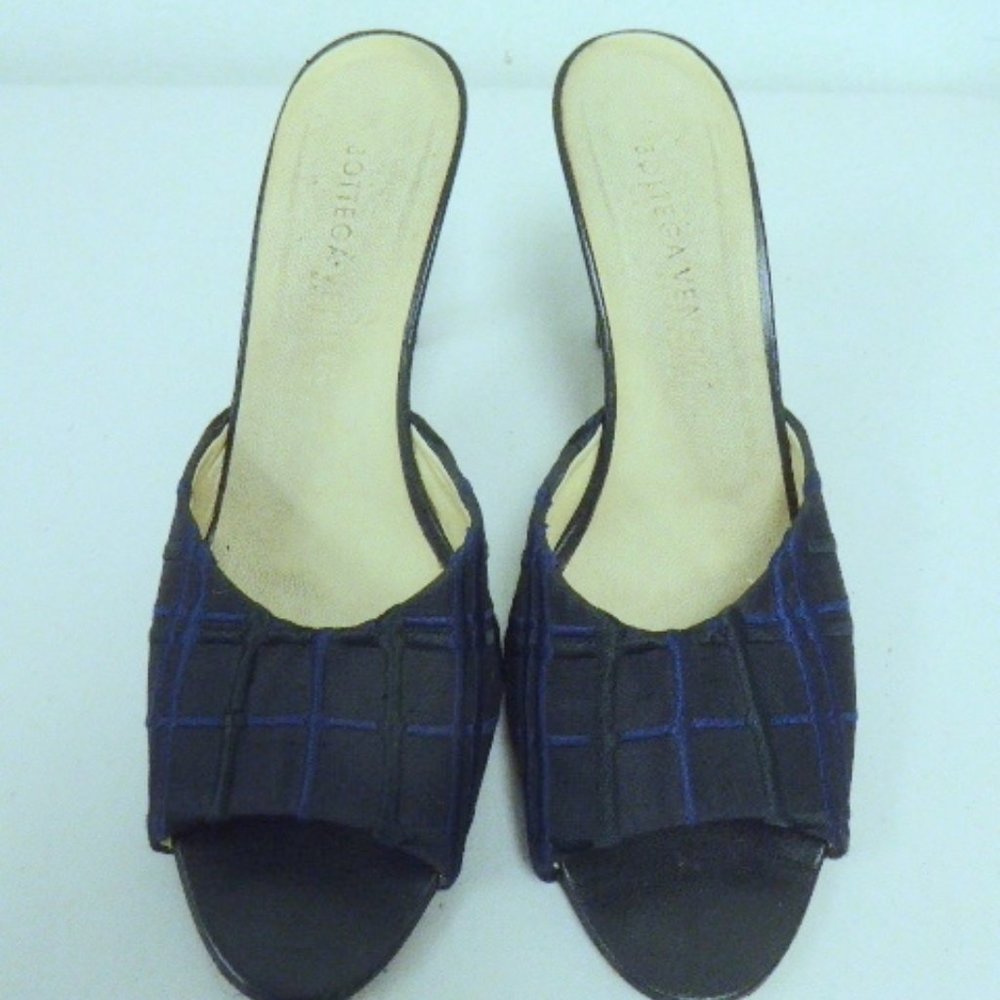 BOTTEGA VENETA ITALY HIGH HEELS slides navy blue black silk  SANDALS 9